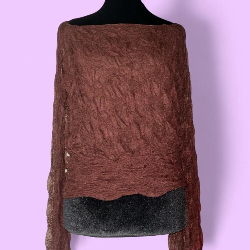 Women's Brown Mesh Lace Blouse with Textured Fabric